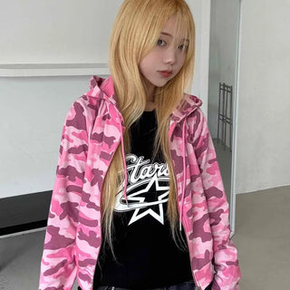 Military Camo Crop Zip-Up Hoodie