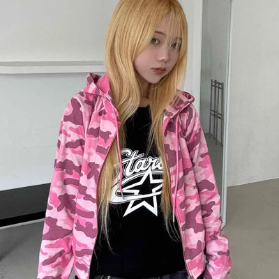Military Camo Crop Zip-Up Hoodie