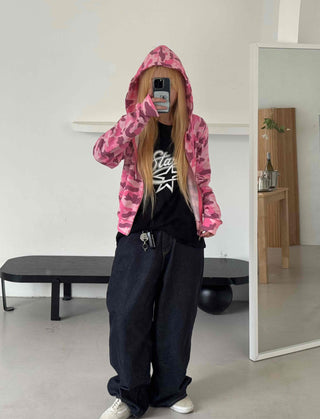 Military Camo Crop Zip-Up Hoodie