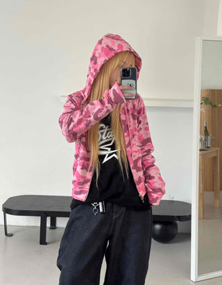 Military Camo Crop Zip-Up Hoodie