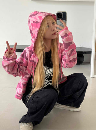 Military Camo Crop Zip-Up Hoodie