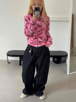 Military Camo Crop Zip-Up Hoodie