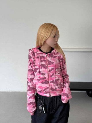 Military Camo Crop Zip-Up Hoodie