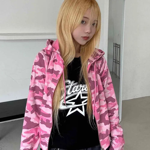 Military Camo Crop Zip-Up Hoodie