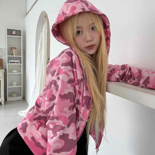 Military Camo Crop Zip-Up Hoodie