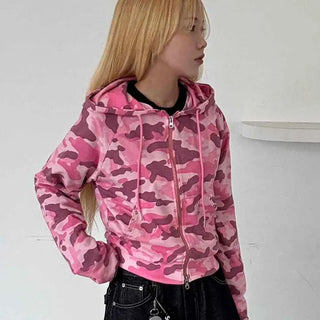 Military Camo Crop Zip-Up Hoodie