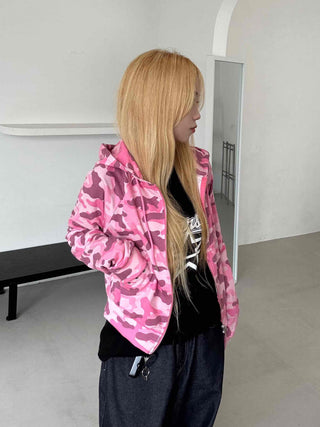 Military Camo Crop Zip-Up Hoodie