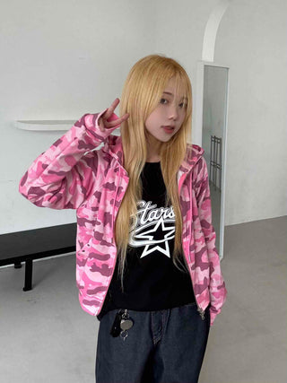 Military Camo Crop Zip-Up Hoodie