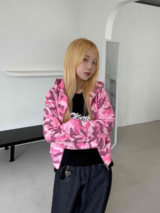 Military Camo Crop Zip-Up Hoodie