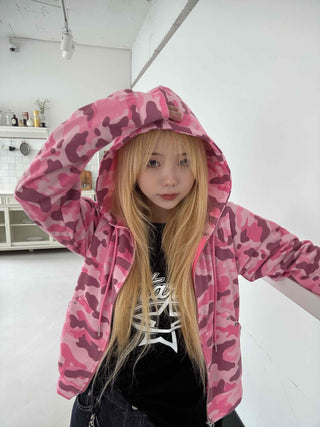 Military Camo Crop Zip-Up Hoodie