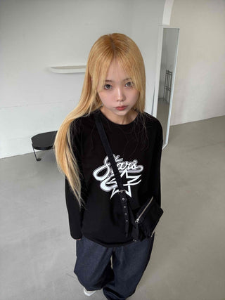 Stars Oversized Round Neck Long Sleeve T-shirt