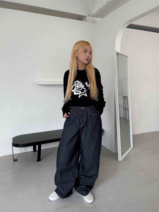 Stars Oversized Round Neck Long Sleeve T-shirt