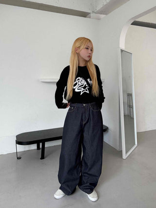 Stars Oversized Round Neck Long Sleeve T-shirt