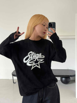 Stars Oversized Round Neck Long Sleeve T-shirt
