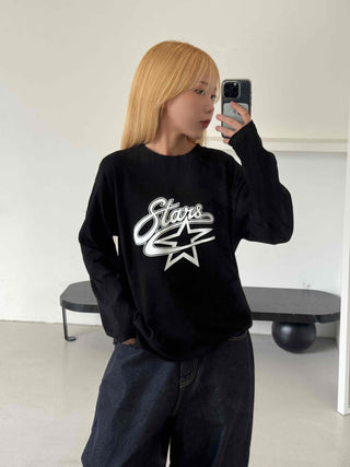 Stars Oversized Round Neck Long Sleeve T-shirt