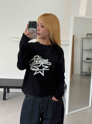 Stars Oversized Round Neck Long Sleeve T-shirt