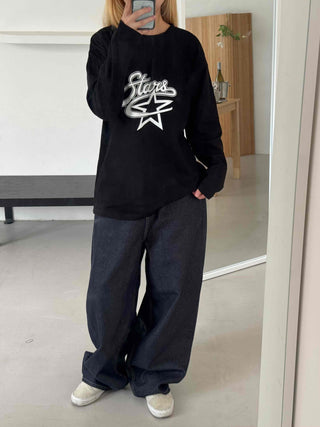 Stars Oversized Round Neck Long Sleeve T-shirt