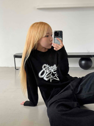Stars Oversized Round Neck Long Sleeve T-shirt