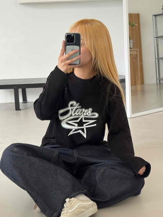 Stars Oversized Round Neck Long Sleeve T-shirt