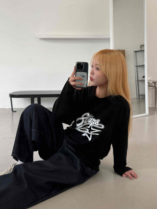 Stars Oversized Round Neck Long Sleeve T-shirt