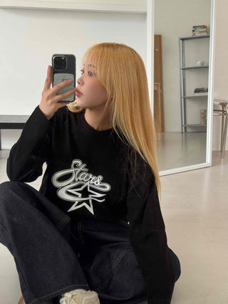 Stars Oversized Round Neck Long Sleeve T-shirt