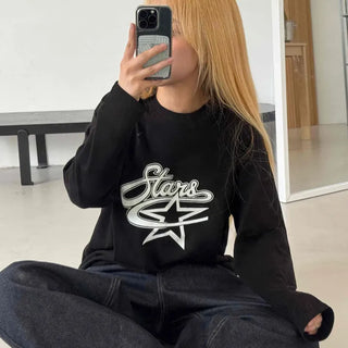 Stars Oversized Round Neck Long Sleeve T-shirt