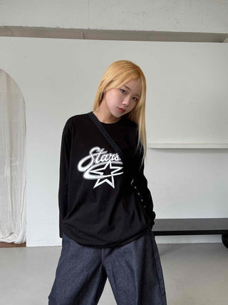 Stars Oversized Round Neck Long Sleeve T-shirt