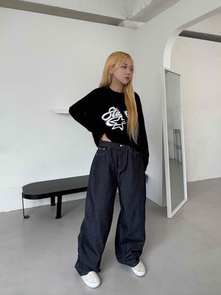 Street balloon fit raw denim long pants