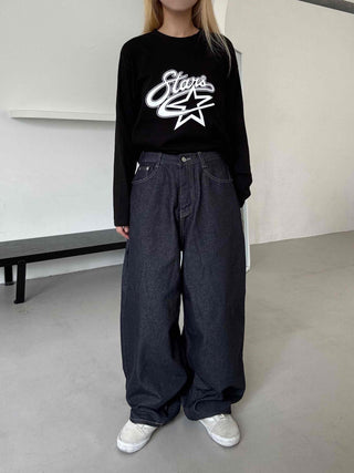 Street balloon fit raw denim long pants