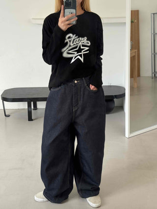 Street balloon fit raw denim long pants