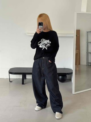 Street balloon fit raw denim long pants