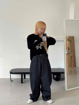 Street balloon fit raw denim long pants