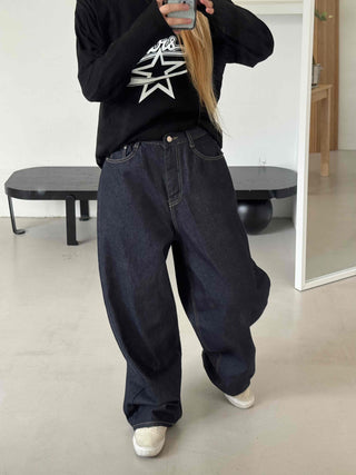 Street balloon fit raw denim long pants