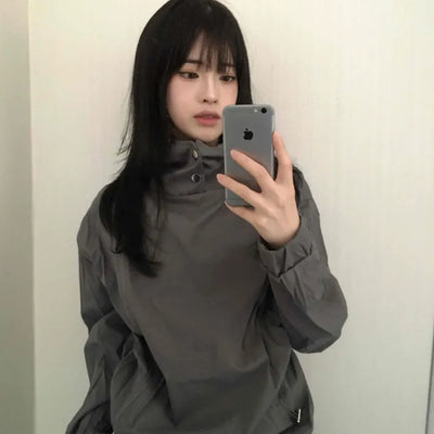 Casual Snap String Shirred Hoodie