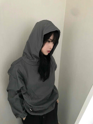 Casual Snap String Shirred Hoodie