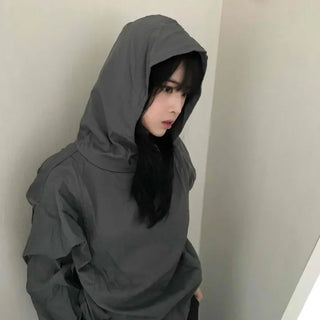 Casual Snap String Shirred Hoodie