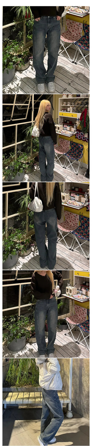 Riddle Line Washed Denim Pants Winter Pants Winter Denim Fleece-lined Denim Daily Look