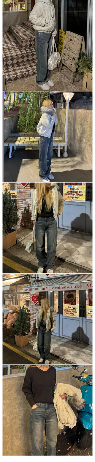 Riddle Line Washed Denim Pants Winter Pants Winter Denim Fleece-lined Denim Daily Look