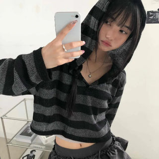 Simple Striped V-Neck Crop Hoodie