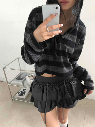 Simple Striped V-Neck Crop Hoodie