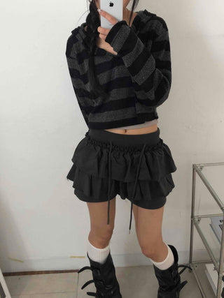 Simple Striped V-Neck Crop Hoodie