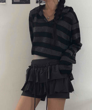 Simple Striped V-Neck Crop Hoodie