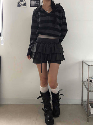 Simple Striped V-Neck Crop Hoodie