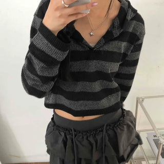 Simple Striped V-Neck Crop Hoodie