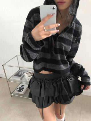 Simple Striped V-Neck Crop Hoodie