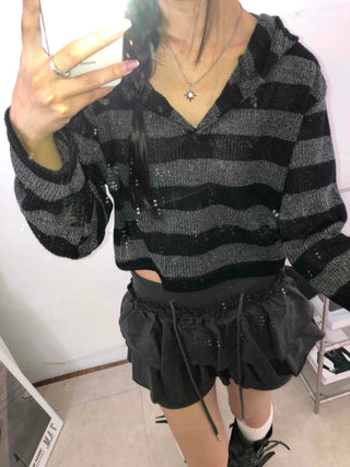 Simple Striped V-Neck Crop Hoodie