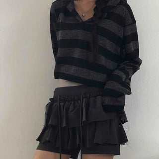 Simple Striped V-Neck Crop Hoodie