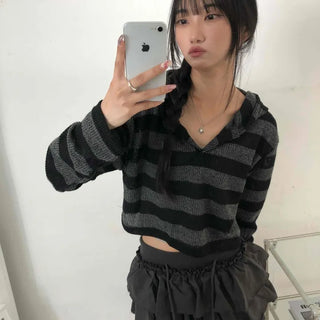 Simple Striped V-Neck Crop Hoodie