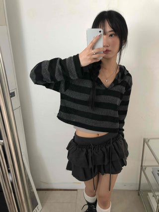 Simple Striped V-Neck Crop Hoodie