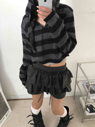 Simple Striped V-Neck Crop Hoodie